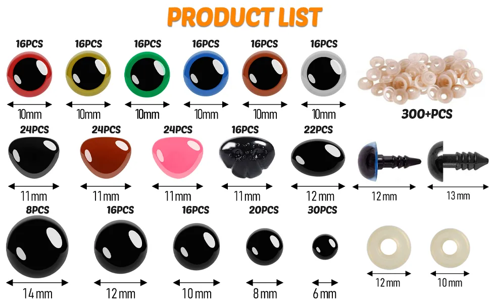 600pcs Plastic Colored Safety Eyes and Noses for Amigurumi  6mm 14mm colors - product list