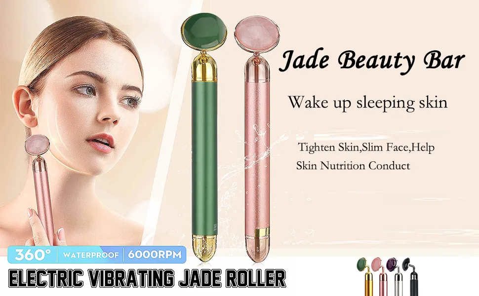 HOTACE Jade Roller for Face Electric Vibrating Face Roller Massager 100% Natural Rose Quartz Roller Skin Care Tools-Pink - electric jade roller