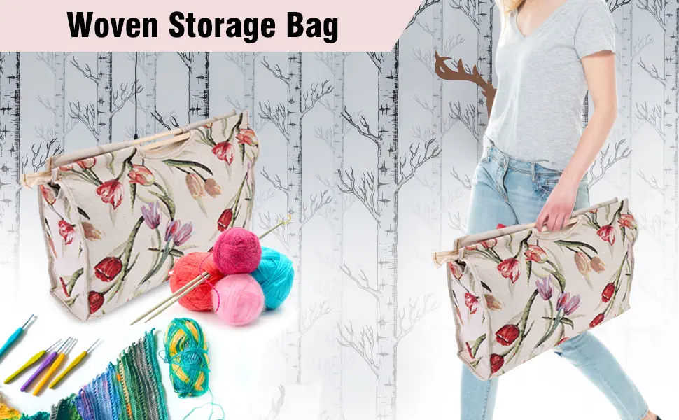 Zerodis Woven Storage Bag with Handle Fabric Exquisite Practical Wood for Knitting Needles Sewing Tools(Red Flower) - Woven Storage Bag