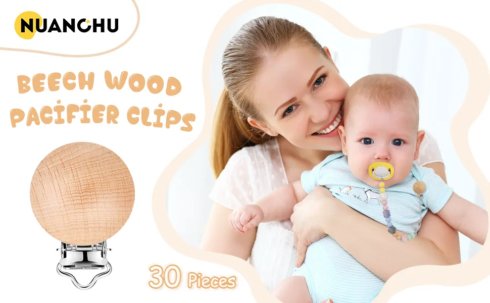 30 Pieces Natural Beech Wood Pacifier Clips Teething Grasping Toy Suspender Clips Wood Pacifier Clip Holder Charm DIY Pacifier Clips (30 Pieces) - product information 1