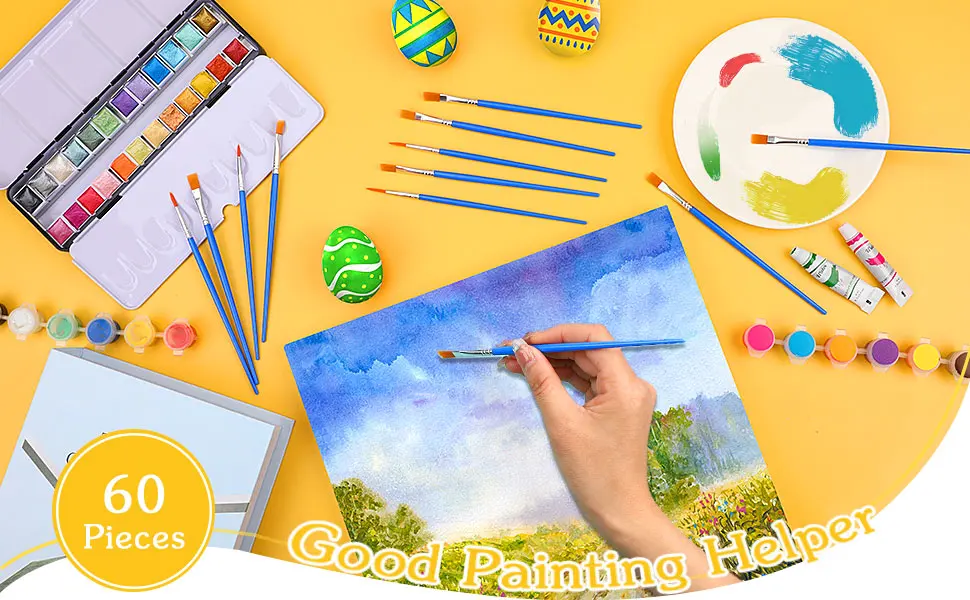 60 Pcs Paint Brushes Round Flat Small Brush Bulk for Detail Painting MIX(30Flat +30Round) - paint brush bulk