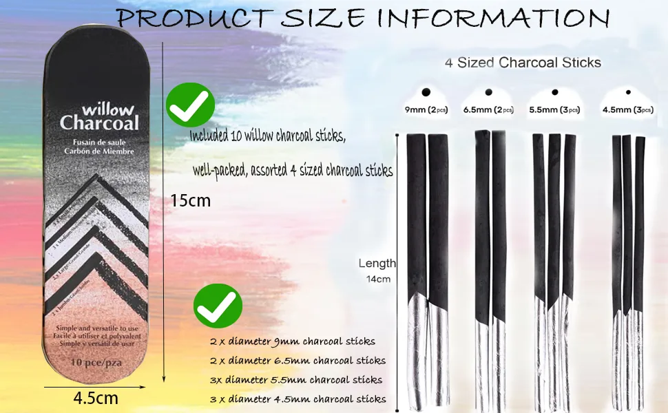 10pcs Vine Charcoal Sticks Willow Artist Soft Charcoal Pencil Sticks Drawing Art Set in Tin Box  4 Sizes Charcoal Drawing Chalks Art Medium for Sketching  Drawing  Shading - size