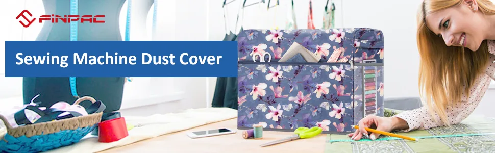 FINPAC Sewing Machine Dust Cover  Protective Cover with Side Handle and Sewing Essentials Pockets Compatible with Standard Singer  Brother and Janome Sewing Machines(Blooming Hibiscus) - sewing machine cover