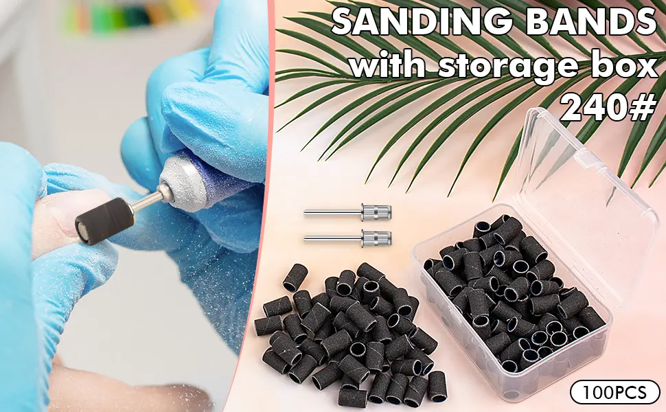 Rolybag Sanding Bands for Nail Drill Drill Sanding Band with Storage Box Include 100 Superfine Grinding Wheel Sand Bands and 2 Pieces Mandrel for Most Size 3/32 Nail Drill Machine 240 - sanding bands