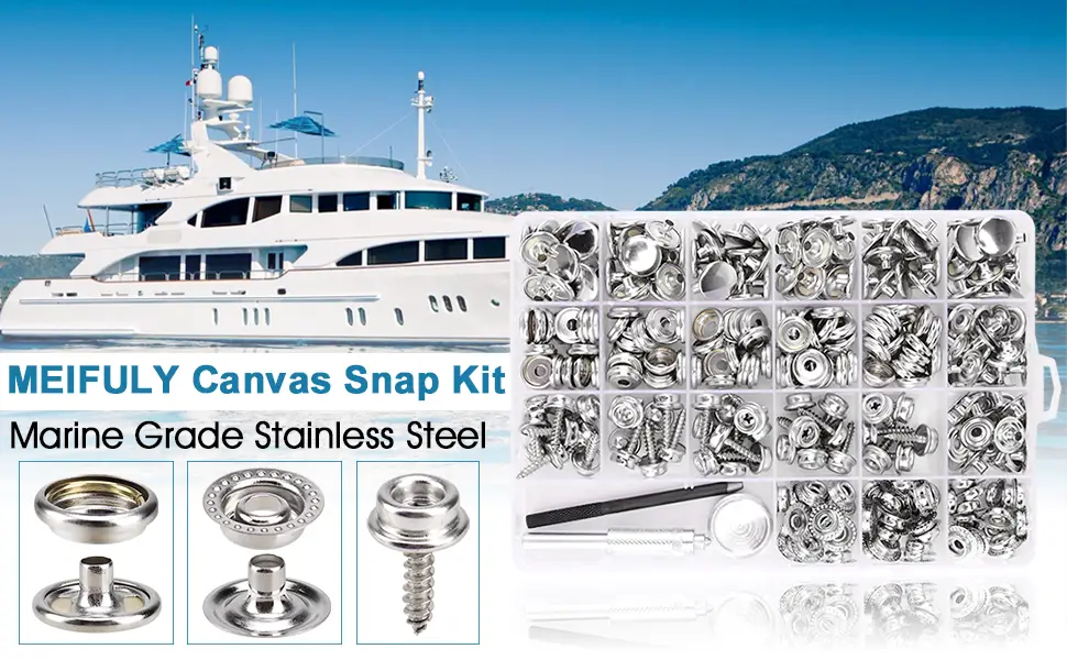 323 Piece Canvas Snap Kit  Meifuly Marine Grade Stainless Steel (Caps  Sockets  Screws  Fabric Base Components) for DIY Cover  Canvas Snap Kit with Material Hole Punch and Setting Tools - product information 11