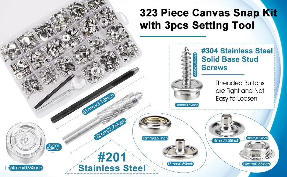 323 Piece Canvas Snap Kit  Meifuly Marine Grade Stainless Steel (Caps  Sockets  Screws  Fabric Base Components) for DIY Cover  Canvas Snap Kit with Material Hole Punch and Setting Tools - product information 12
