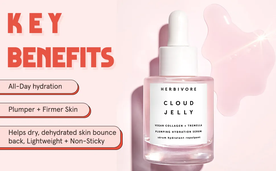 Herbivore Botanicals Cloud Jelly Plumping and Hydration Face Serum with Vegan Collagen - Clean  Natural Skincare  1 Fl Oz (30ml) - Herbivore Cloud Jelly Pink Plumping Hydration Serum