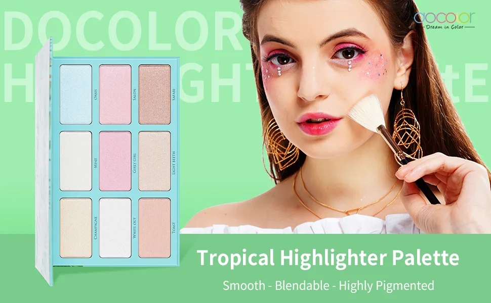 Docolor Highlighter Palette 9 Colors Tropical Highlighter Makeup Palette Metallic Shimmer Highlight Powder Palette Kit  Face Illuminator Makeup Palette - Highlighter palette,Highlighter makeup,makeup highlighter