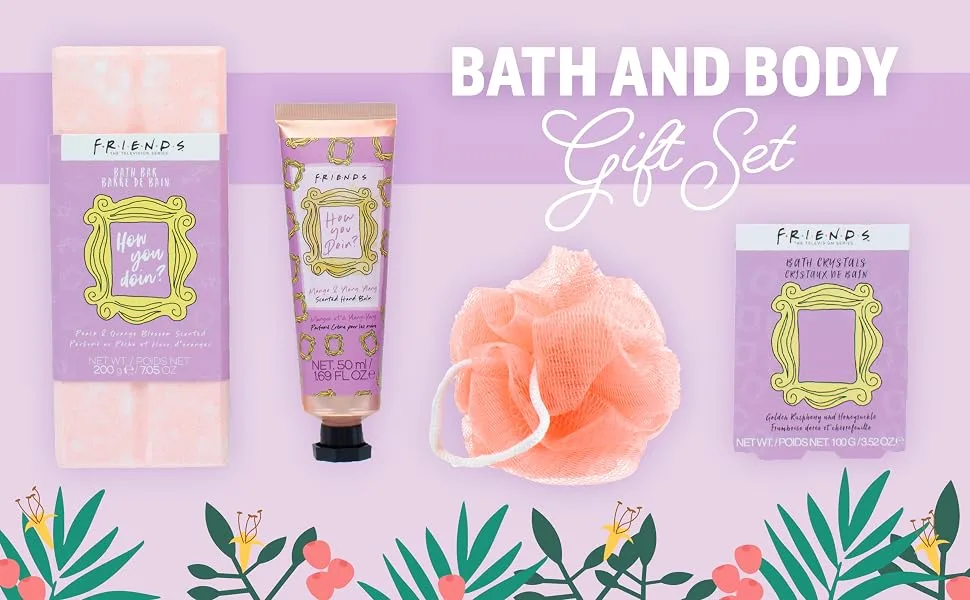 Paladone Friends Bath and Body Gift Set | Includes Bath Bar  Bath Crystals  Hand Balm & Body Puff | Officially Licensed Merchandise - bath fizzers