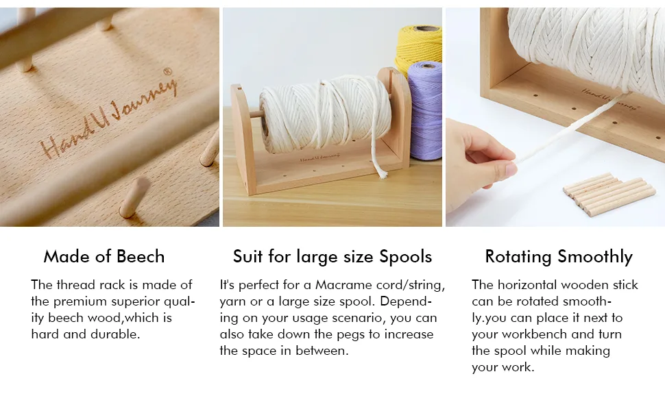 HAND U JOURNEY Wooden Spools Holder with 3 Thread Spool/Multifunctional Beech Thread Rack Organizer for Macrame Weaving Cord/String  Sewing Threads or Wool Yarn Middle - feature of spools holder