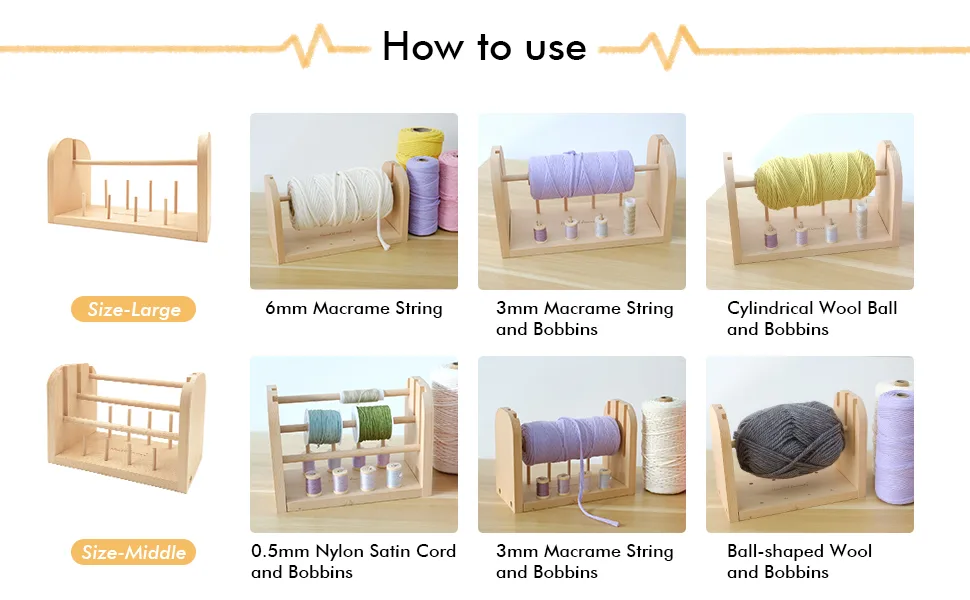 HAND U JOURNEY Wooden Spools Holder with 3 Thread Spool/Multifunctional Beech Thread Rack Organizer for Macrame Weaving Cord/String  Sewing Threads or Wool Yarn Middle - how to use the spools holder
