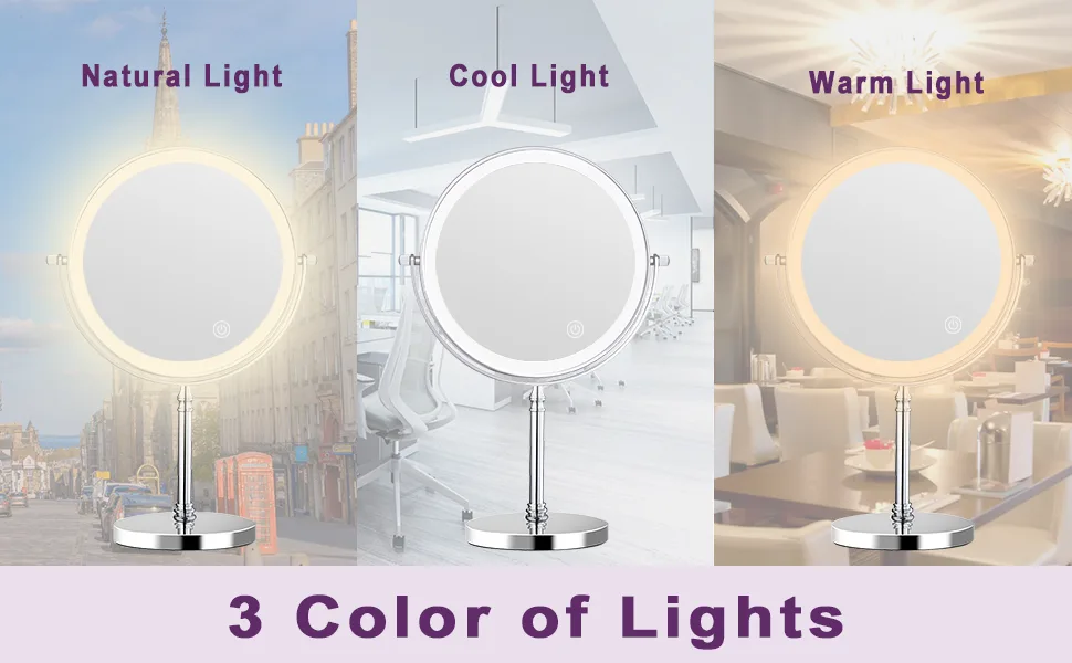 ACOLAR 8in 2000mAh Rechargeable Makeup Mirror Vanity Mirror with Lights Double Sided 1x/10x Lighted Makeup Mirror with 3 Color Lighting Touch Screen Charge by USB Suitable for Bedroom - 3 color