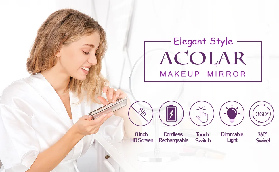 ACOLAR 8in 2000mAh Rechargeable Makeup Mirror Vanity Mirror with Lights Double Sided 1x/10x Lighted Makeup Mirror with 3 Color Lighting Touch Screen Charge by USB Suitable for Bedroom - brand