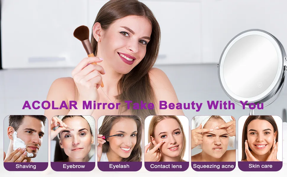 ACOLAR 8in 2000mAh Rechargeable Makeup Mirror Vanity Mirror with Lights Double Sided 1x/10x Lighted Makeup Mirror with 3 Color Lighting Touch Screen Charge by USB Suitable for Bedroom - product information 12
