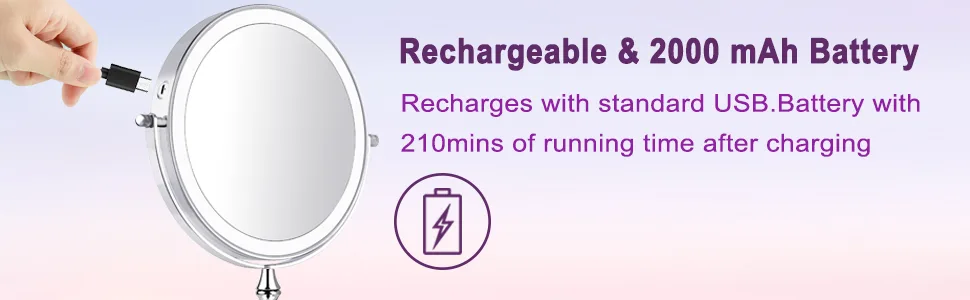 ACOLAR 8in 2000mAh Rechargeable Makeup Mirror Vanity Mirror with Lights Double Sided 1x/10x Lighted Makeup Mirror with 3 Color Lighting Touch Screen Charge by USB Suitable for Bedroom - rechargeable
