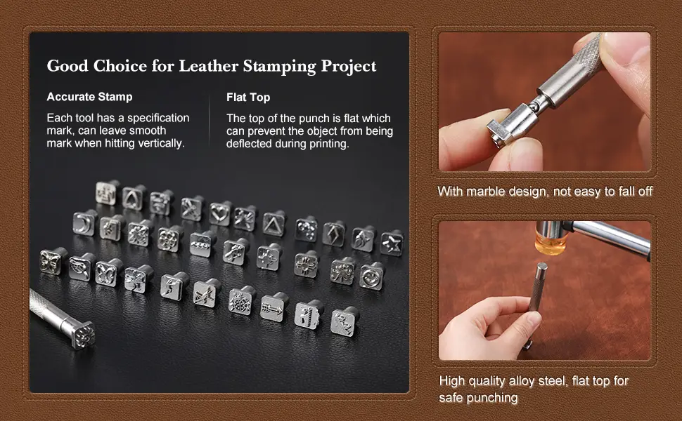 70 Pieces Leather Craft Stamping Tools Include 68 Pieces Alphabet  Number and Pattern Leather Craft Stamps  2 Pieces Leather Punch Tools - product information 2