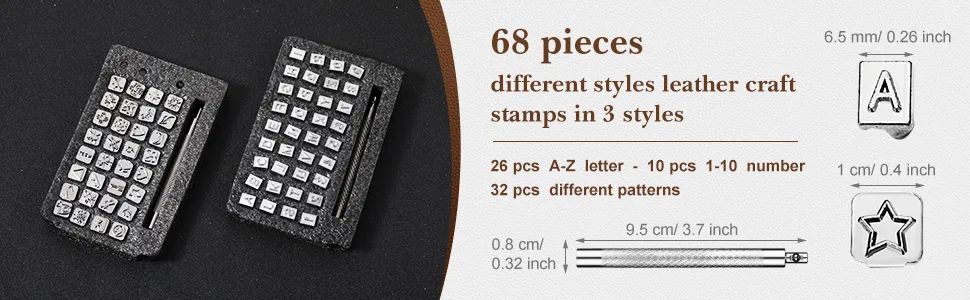 70 Pieces Leather Craft Stamping Tools Include 68 Pieces Alphabet  Number and Pattern Leather Craft Stamps  2 Pieces Leather Punch Tools - product information 3