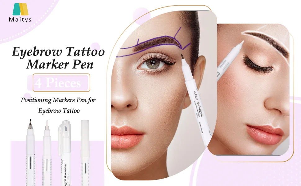 4 Pieces Skin Marker Pen Eyebrow Marker Pen Tools Microblading Accessories Marker Pen for Makeup (White  Purple Single Head) 4 Piece Set White  Purple - Eyebrow tattoo marker pen