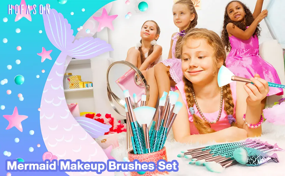 11PCS Makeup Brushes Set with Colorful Fish Tail Handle  Foundation Eyebrow Eyeliner Blush Cosmetic Concealer Brushes Women Girl Cute Make Up Tool Set - Kids Makeup Kit for Girl