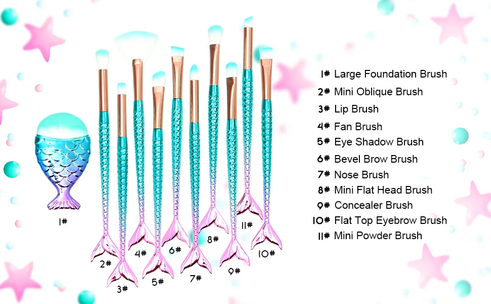 11PCS Makeup Brushes Set with Colorful Fish Tail Handle  Foundation Eyebrow Eyeliner Blush Cosmetic Concealer Brushes Women Girl Cute Make Up Tool Set - Makeup Brushes for Girl