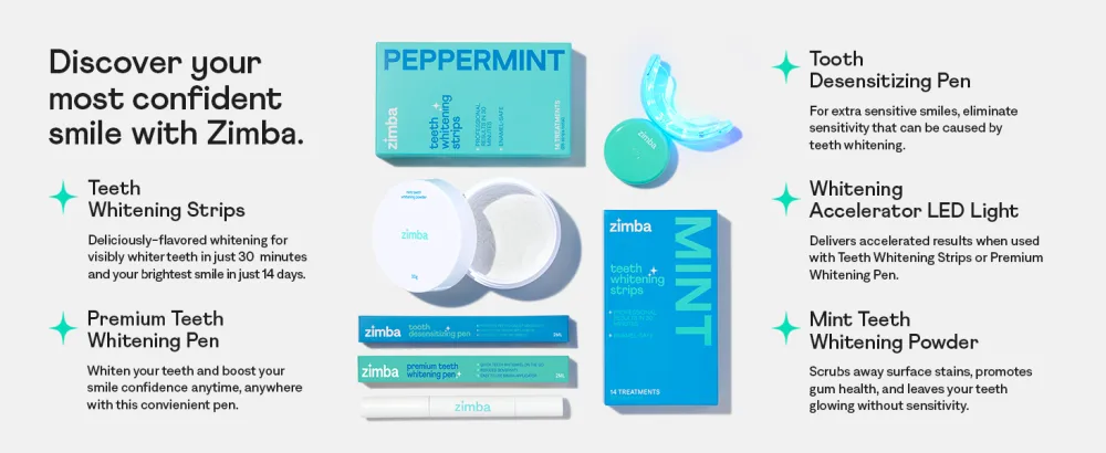 Zimba Teeth Whitening LED Light Kit with 14 Professional-Grade Whitening Strips (Spearmint) Spearmint LED + Whitening Strips - Zimba