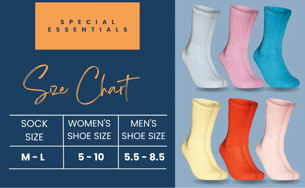 Special Essentials 6 Pairs Women's Non-Binding Diabetic & Circulator Crew Socks - Comfortably Soft  Moisture-Wicking Cotton Medium-Large Assorted - SIZE CHART
