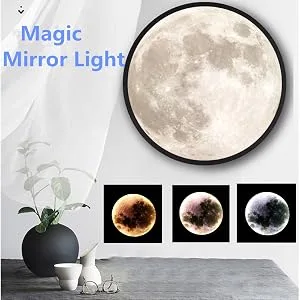 HTNDAYHE Magic Moon Mirror Illuminated Moon Mirror  Makeup Mirror Lunar Luminous Mirror with 3 Brightness Lights  Moon Magic Mirror Decoration Night Light Mirror Turns to Illuminated Moon (9.83) - Magic Moon Mirror