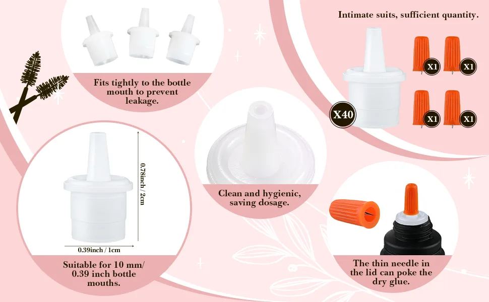 44 Pieces Eyelash Glue Replacement Eyelash Glue Bottle Nozzle Caps Lash Bottle Plug Mouth Tips Eyelash Glue Bottle Plug Glue Bottle Pins Blocking Needle for Home Salon Eyelash Extensions Tools - product information 2