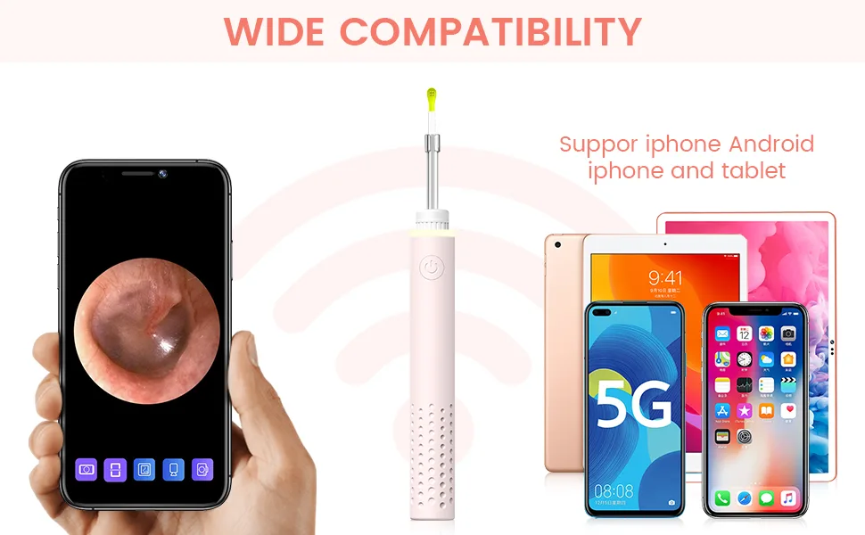 Ear Wax Removal Tools  Otoscope Ear Cleaning Camera Scopearound Ear Endoscope with 6 Adjustable LED Lights  Earwax Removal Camera Compatible with iPhone & Android and Tablet-Pink - Otoscope