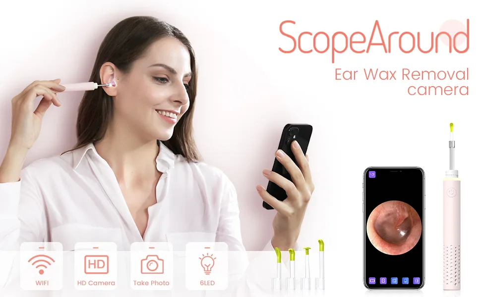 Ear Wax Removal Tools  Otoscope Ear Cleaning Camera Scopearound Ear Endoscope with 6 Adjustable LED Lights  Earwax Removal Camera Compatible with iPhone & Android and Tablet-Pink - Otoscope