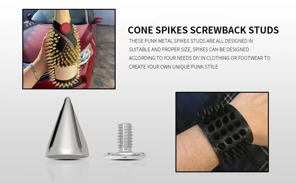 zhuohai 100 Pairs Cone Spikes Screwback Studs  Cone Silver Studs and Spikes Punk  DIY Leather Craft Cool Rivets Punk(7X10mm) - Easy to install
