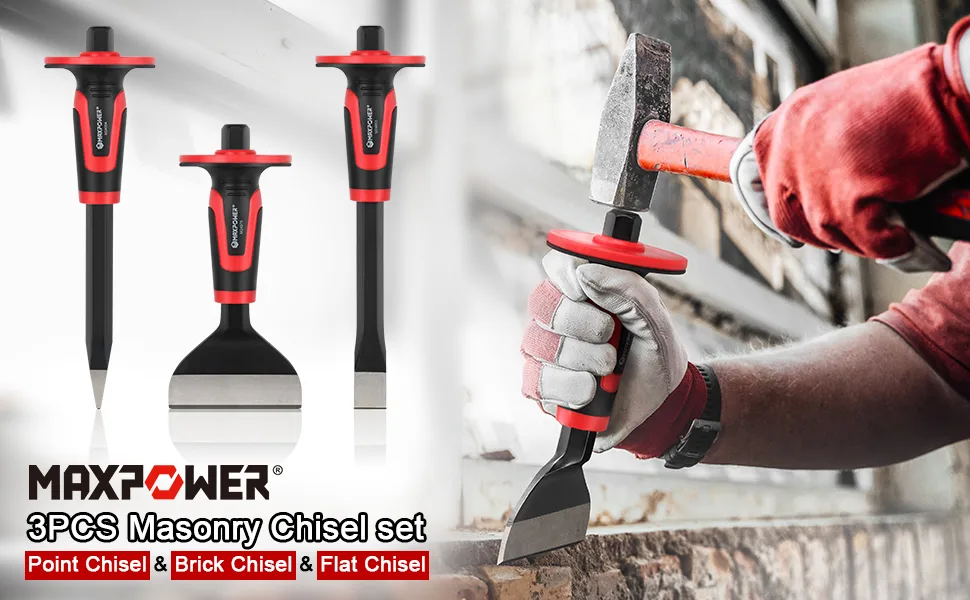 MAXPOWER 3PCS Masonry Chisel Set  11 inch Point Chisel and Flat Chisel  8 inch Brick Chisel  Tile Chisel Concrete Chisel with Thickness Hand Guard - mason chisel