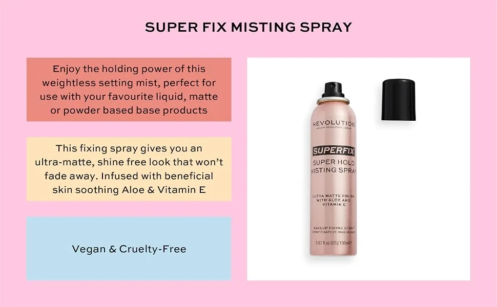 Makeup Revolution Super Fix Misting Spray  Setting Spray  Stay Matte All Day Long  Vegan & Cruelty Free  50ml - Super Fix Misting Spray