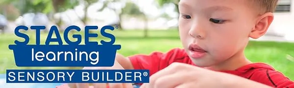 Stages Sensory Builder: Circle Necklace (Pink) for Sensory and Oral Motor Stimulation  Teething  Calming  and Focus - Logo with image of a child engaging in sensory play