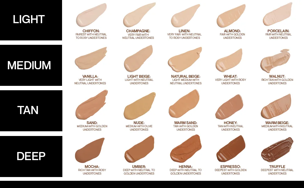HIDE PREMIUM Liquid Foundation  SEE SHADE FINDER Below For Perfect Match  Multi-Use Waterproof Foundation  Medium/Full Coverage Foundation  Oil Free   We Have a Shade For All Skin Types  1 fl. Oz. (Sand) - hide concealer and foundation shade chart