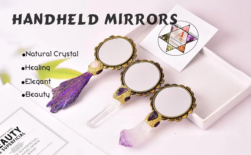 AMOYSTONE Purple Handheld Mirrors Mini Makeup Mirror with Plated Tourmaline Handle Decorative Girls Makeup Mirrors Gift for Mom Amethyst - MIRROR