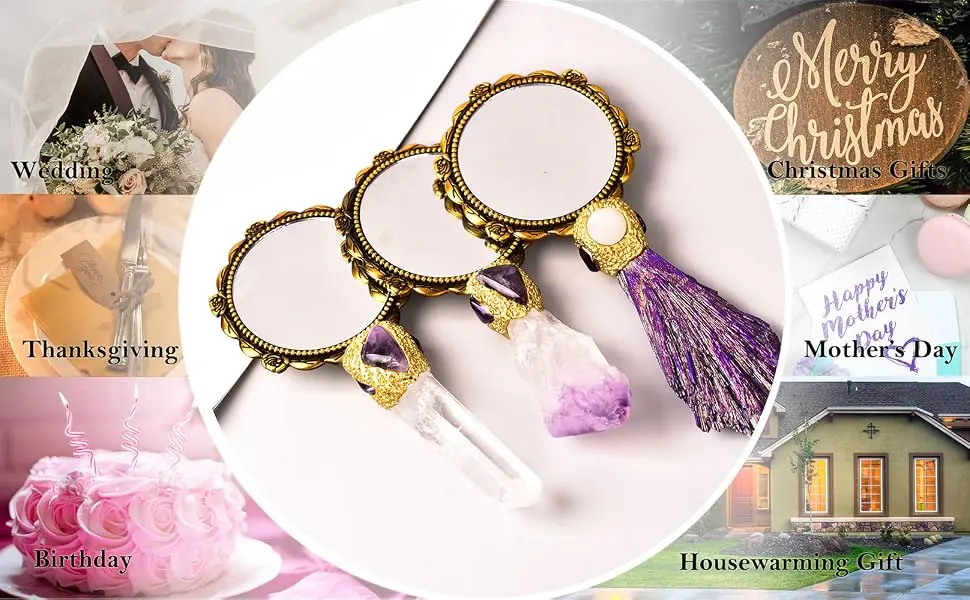 AMOYSTONE Purple Handheld Mirrors Mini Makeup Mirror with Plated Tourmaline Handle Decorative Girls Makeup Mirrors Gift for Mom Amethyst - mirror