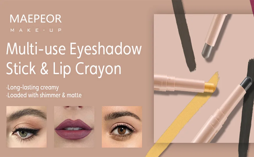 MAEPEOR Matte Shimmer Eyeshadow Stick 10 Colors Cream Eyeshadow Pen Waterproof and Long Lasting Shadow Stick (105 Caramel) - Matte and Shimmer Eyeshadow Stick