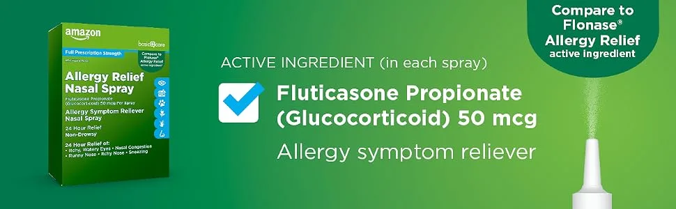 Amazon Basic Care 24-Hour Allergy Relief Nasal Spray  Fluticasone Propionate (Glucocorticoid)  50 mcg  Full Prescription Strength  Non-Drowsy  0.62 Fl Oz - Amazon Basic Care Allergy Relief Nasal Spray Active Ingredient