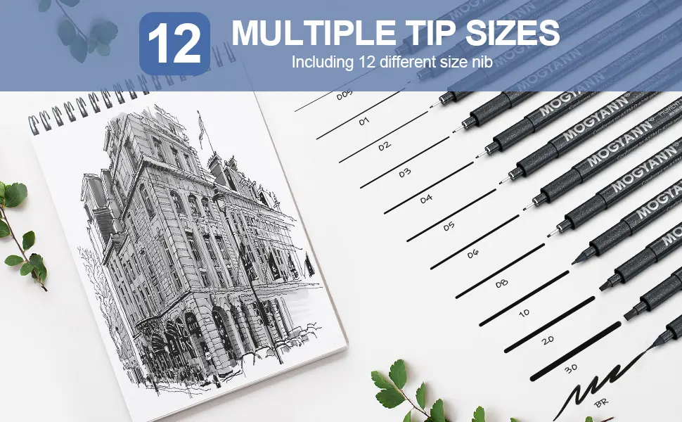 Mogyann Drawing Pens Black Art Pens for Drawing 12 Size Waterproof Ink Pens for Artists Sketching  Manga  Writing - drawing pens