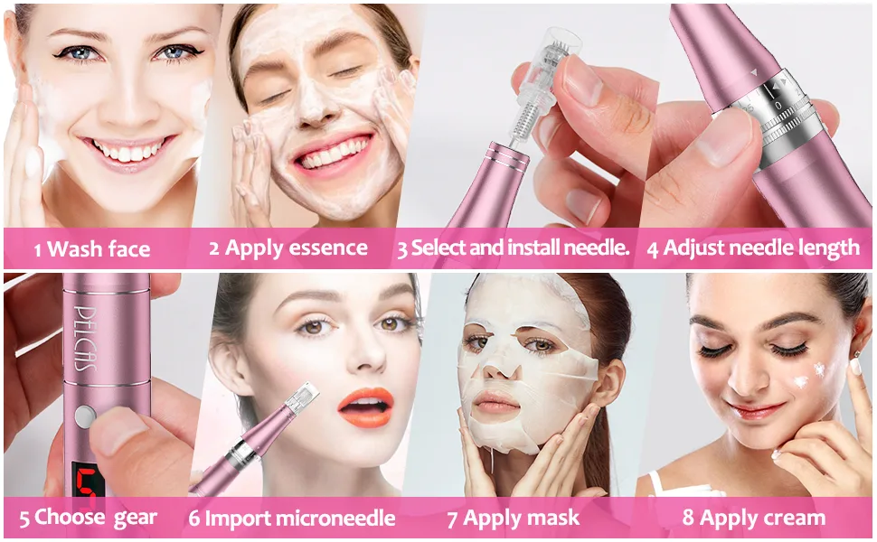 PELCAS Electric Cordless Microneedling Pen With 3Pcs Replacement Cartridges Adjustable 0.25mm Microneedle Dermapen Easy to Use at Home(Pink) - HOW TO USE?