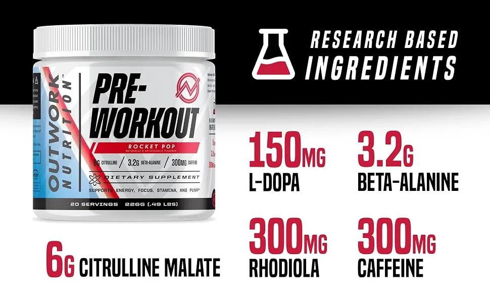 Outwork Nutrition Pre-Workout Supplement with Nootropics - Energy & Mental Focus for Better Workouts - Backed by Science (Rocket Pop  226 Grams) - outwork nutrition layne norton preworkout pre workout shakes supplements