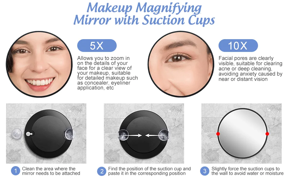 HEALLILY 7. 5cm 5X Magnifying Glass Mirror Small Round Wall Mirror Cosmetic Makeup Mirror Pocket Mirror Bathroom Mirror with Suction Cups (Black) Size 4 - product information 3