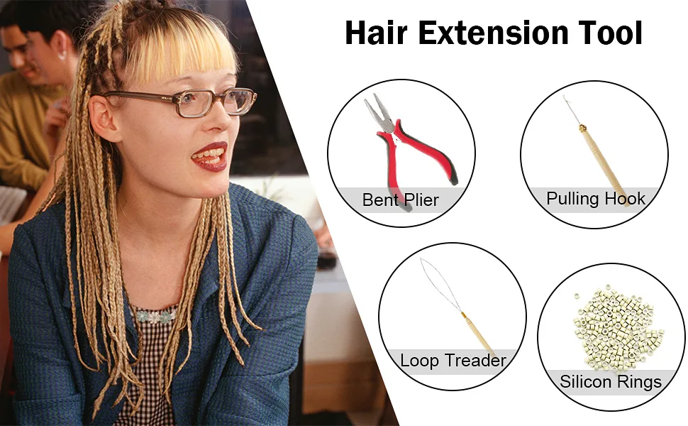 Hair Extension Tool Kit  Bead Device Tool  Silicone Lined Links Beads  Curved Hair Plier  for Tinsel and Feather Hair Extensions or Removal (Beige) - Feather Hair Extensions