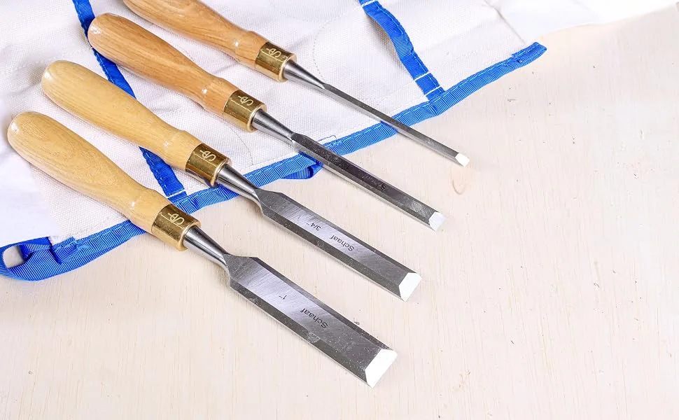 Schaaf Tools 4-Piece Wood Chisel Set | Finely Crafted Woodworking Hand Tools | Durable Cr-V Steel Bevel Edged Blade  Tempered to 60HRc | Tool Roll Included - woodworking tools, chisel set, chisel, wood chisel, wood chisel sets, wood working tools