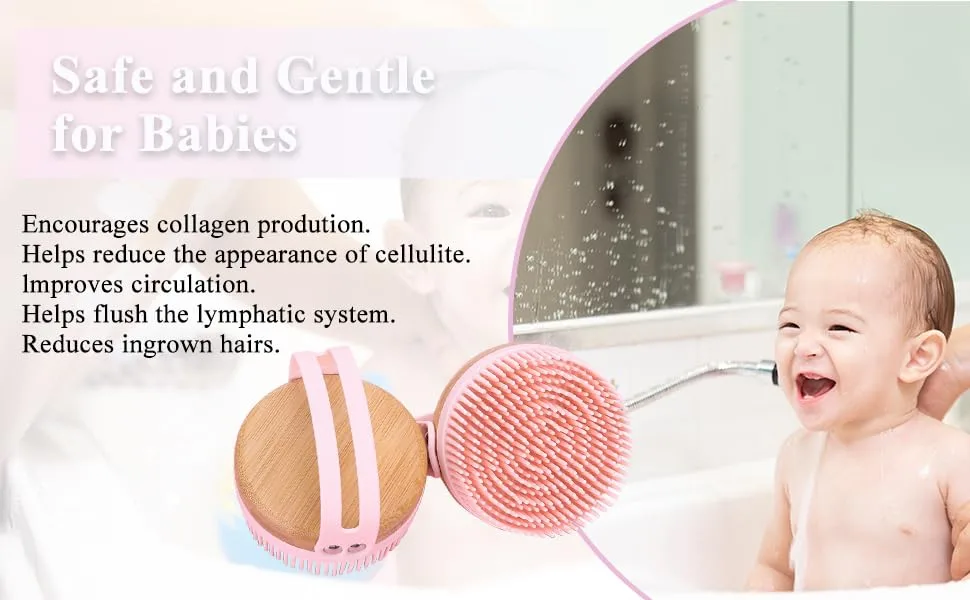 AEIOU Body Brush  Bamboo Back Scrubber for Show  Soft Brush with Loop Handle  Cellulite Treatment  Lymphatic Drainage(Pink) - baby