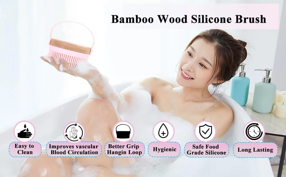 AEIOU Body Brush  Bamboo Back Scrubber for Show  Soft Brush with Loop Handle  Cellulite Treatment  Lymphatic Drainage(Pink) - BRUSH