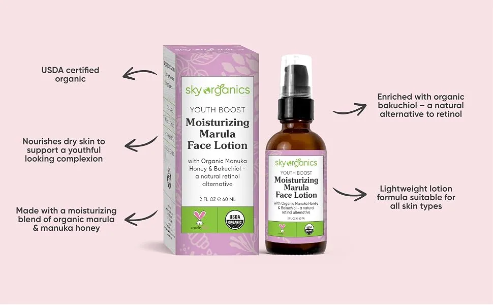 Sky Organics Youth Boost Moisturizing Marula Face Lotion for Face USDA Certified Organic to Moisturize  Nourish & Boost Glow  2 fl. Oz - MOISTURIZING MARULA FACE LOTION