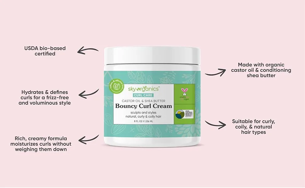 Sky Organics Curl Care Bio-Based Bouncy Curl Cream for Hair USDA Certified Bio-Based to Hydrate  Define & Sculpt Curls  8 fl. Oz - CURL CARE