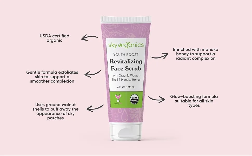 Sky Organics Youth Boost Revitalizing Face Scrub for Face USDA Certified Organic to Exfoliate  Soften & Smooth  4 fl. Oz - YOUTH BOOST REVITALIZING FACE SCRUB